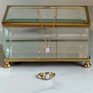 Vintage 1990 Avon Gold Tone Opalite Pendant + Ring Set Size 9 NIB